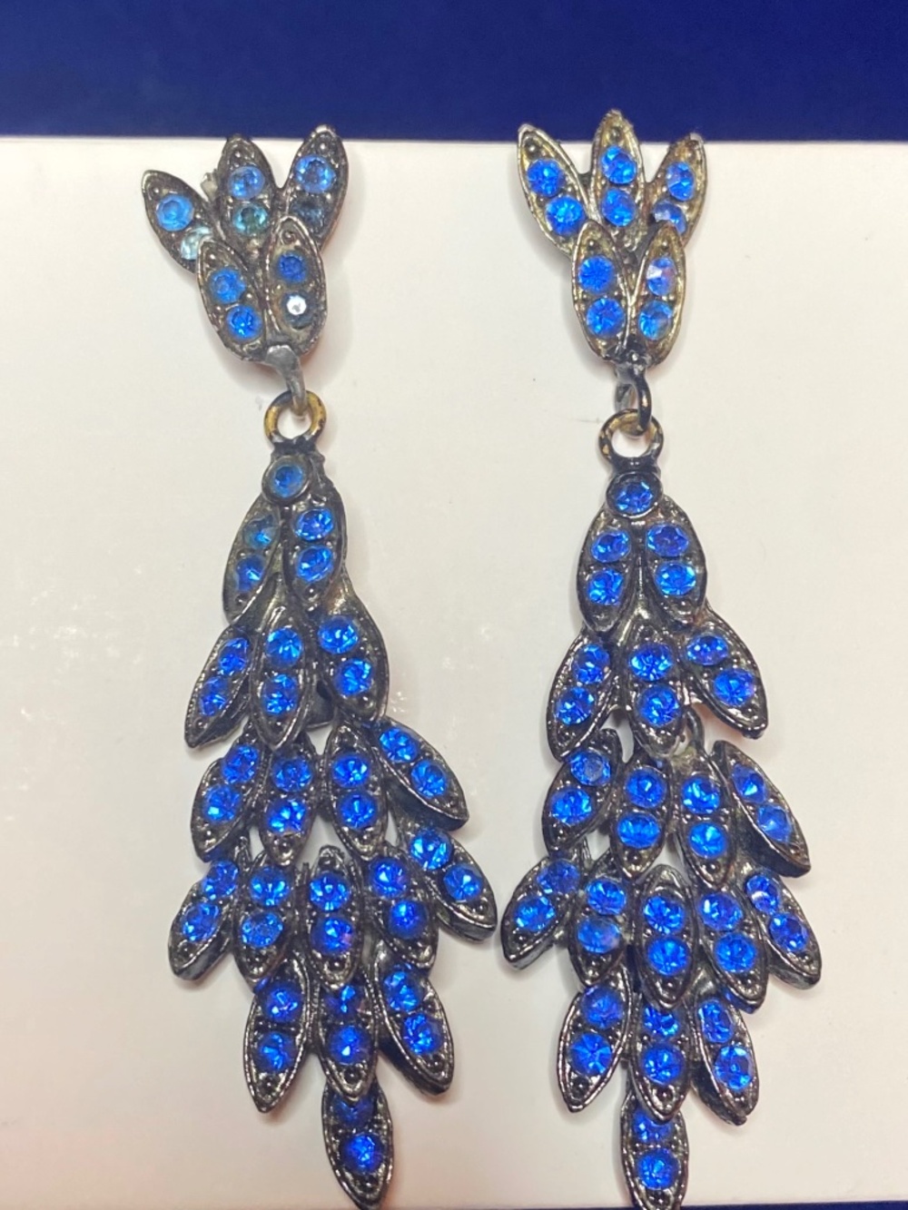 Thelma Deutsch Signed Blue Rhinestone Japanned 3” Dangle Earrings